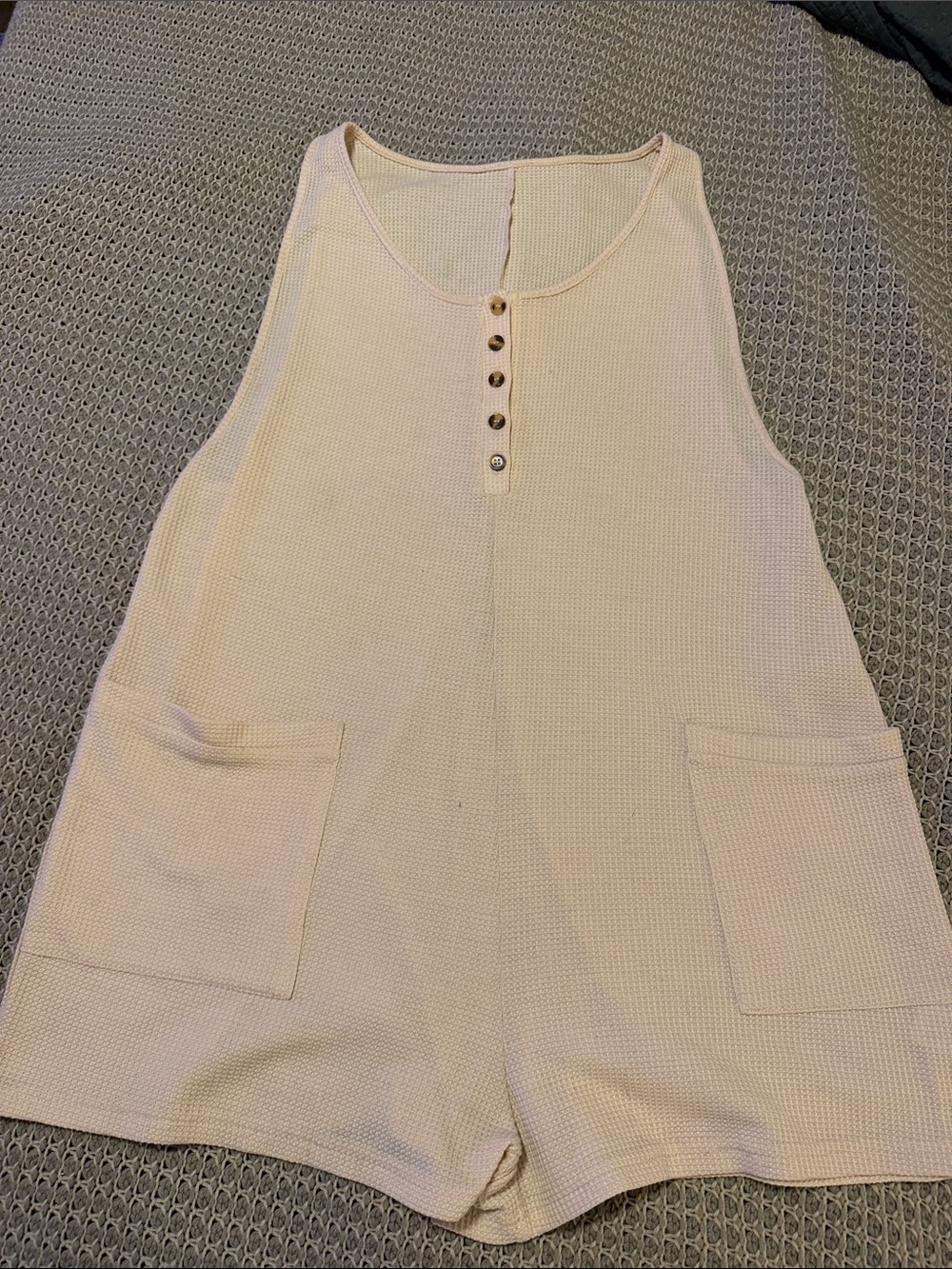 Cream Sleeveless Waffle Knit Romper with Front Pockets